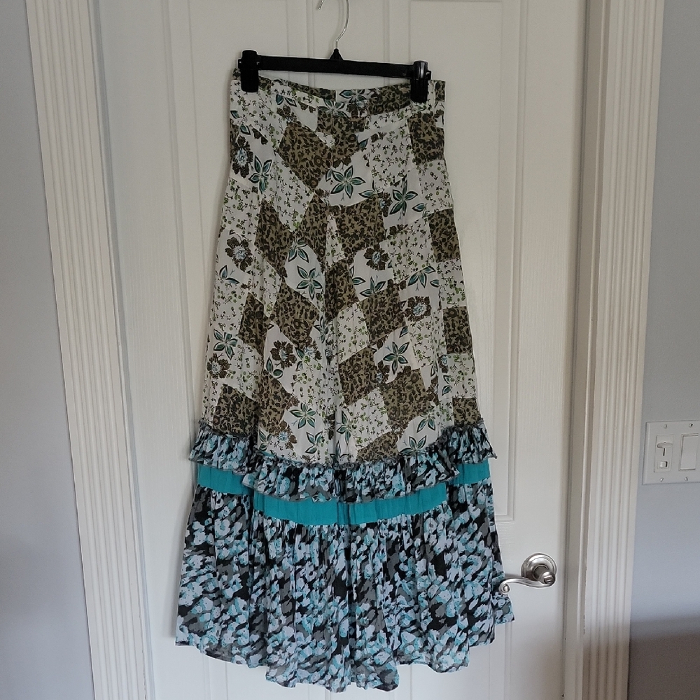 Raga Bohemian Patchwork Maxi Skirt in White, Teal & Black